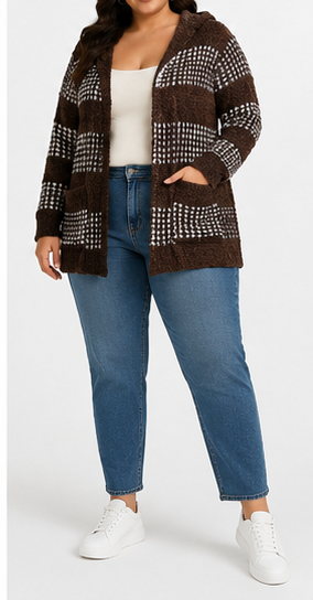 Cardigan Marrón con Capucha y Diseño Geométrico