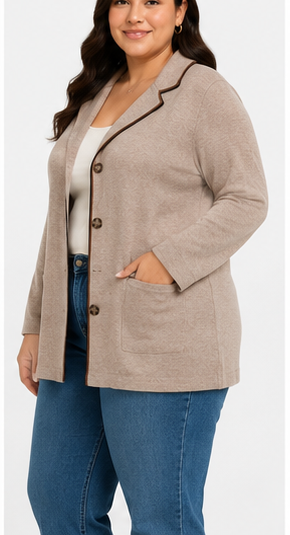 Cardigan Beige Estilo Blazer con Ribetes