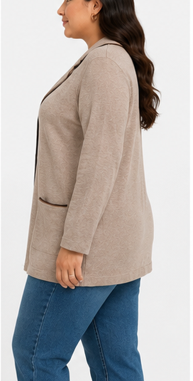 Cardigan Beige Estilo Blazer con Ribetes