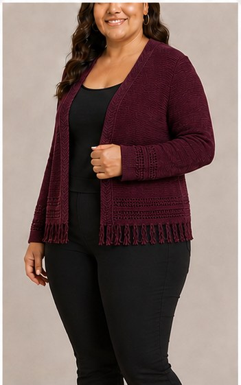 Cardigan Vino con Flecos Decorativos