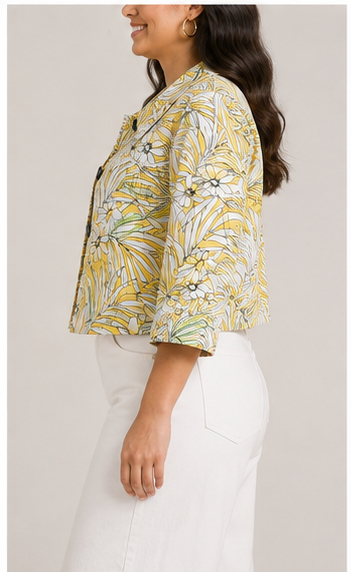 Chaqueta Corta con Estampado Tropical Amarillo