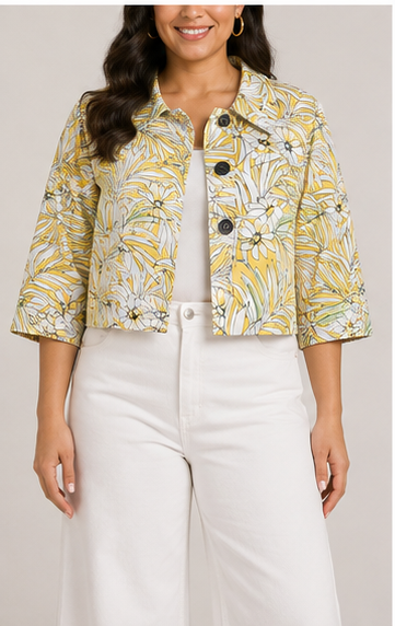 Chaqueta Corta con Estampado Tropical Amarillo