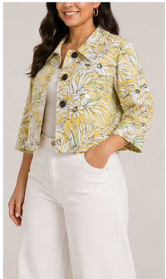 Chaqueta Corta con Estampado Tropical Amarillo