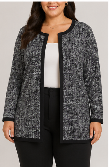 Chaqueta Abierta Gris con Ribetes Negros