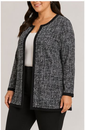 Chaqueta Abierta Gris con Ribetes Negros