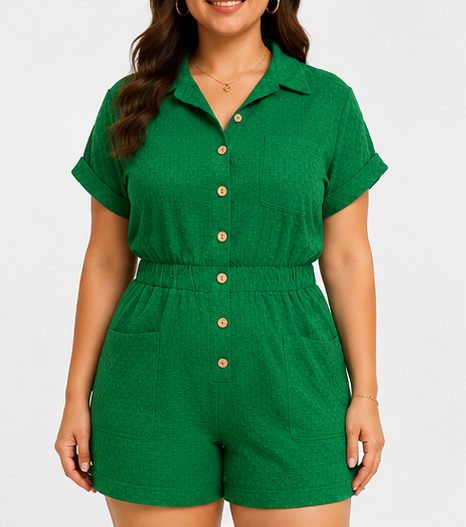 Enterizo Corto Verde con Botones y Cintura Ajustable