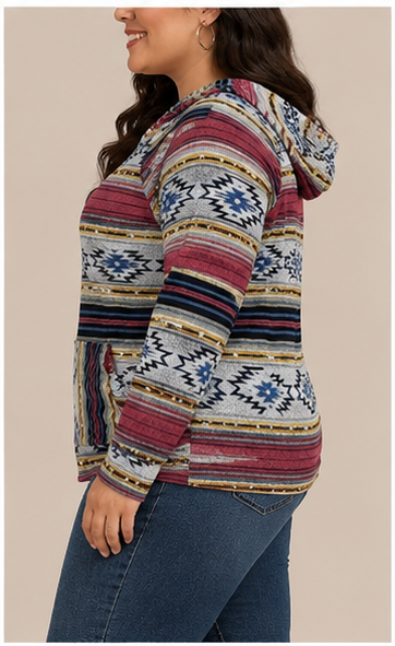 Suéter con Capucha y Estampado Étnico Multicolor