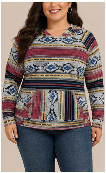 Suéter con Capucha y Estampado Étnico Multicolor
