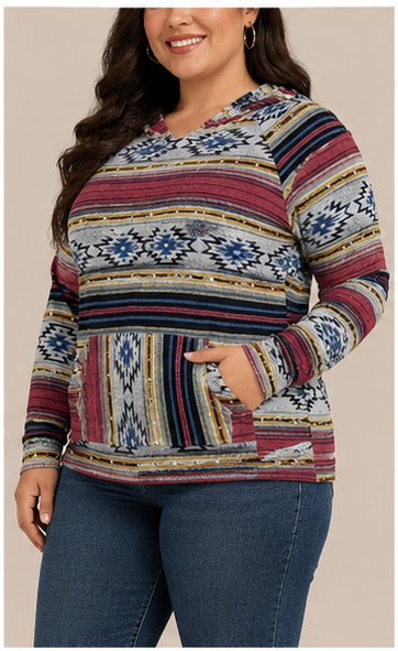 Suéter con Capucha y Estampado Étnico Multicolor