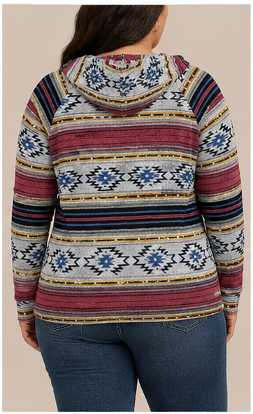 Suéter con Capucha y Estampado Étnico Multicolor