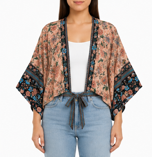 Kimono Corto Floral con Lazo