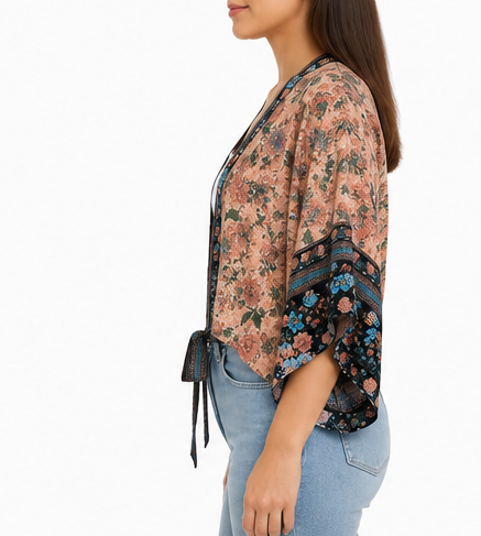 Kimono Corto Floral con Lazo