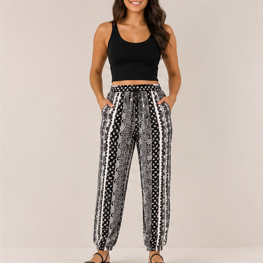 Pantalón Estampado Tribal – Blanco y Negro