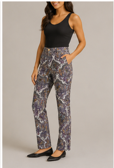 Pantalón Recto Estampado Paisley de Tiro Alto
