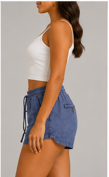 Short Tipo Chambray con Cintura Elástica y Cordón Ajustable