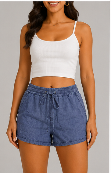 Short Tipo Chambray con Cintura Elástica y Cordón Ajustable