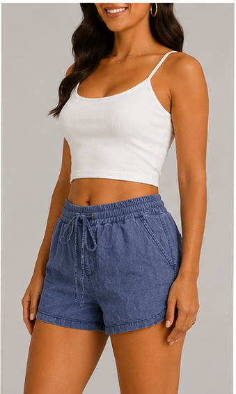 Short Tipo Chambray con Cintura Elástica y Cordón Ajustable