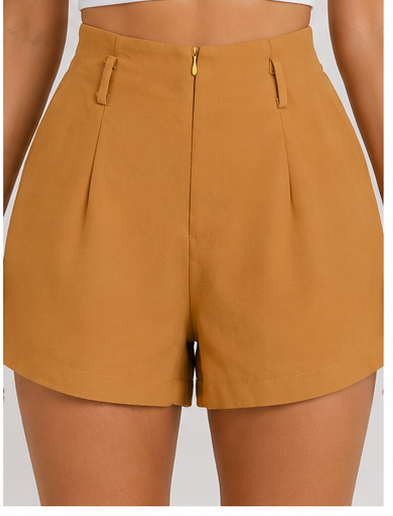 Short de Tiro Alto con Pliegues Color Mostaza