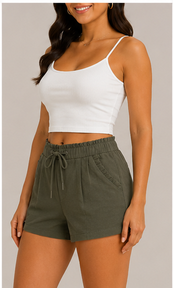 Short de Tiro Alto con Cordón Ajustable Verde Olivo
