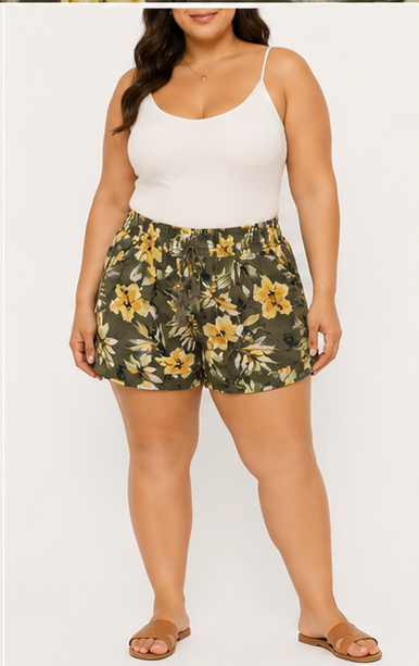 Short Floral Verde Olivo para Mujer