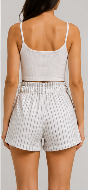 Short Blanco de Rayas con Cintura Elástica y Lazo para Mujer