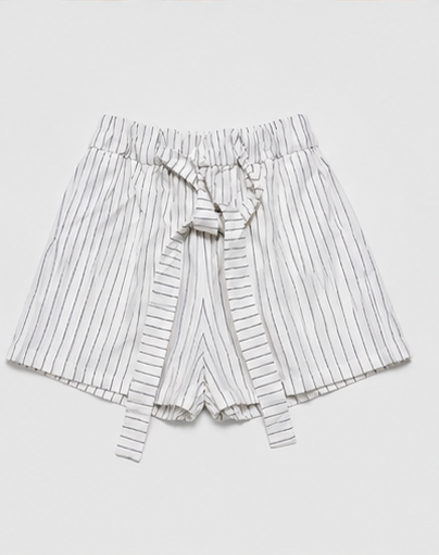 Short Blanco de Rayas con Cintura Elástica y Lazo para Mujer