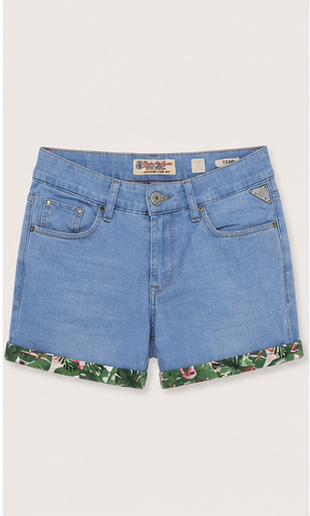 Short de Mezclilla Azul Claro de Tiro Alto con Dobladillo Estampado Floral