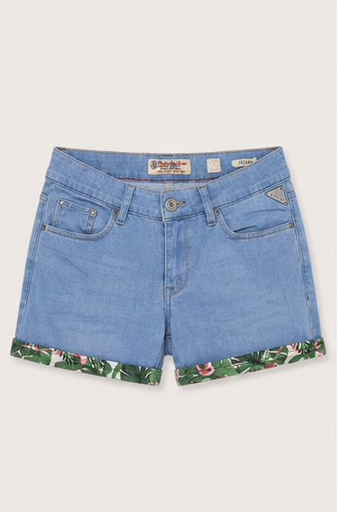 Short de Mezclilla Azul Claro de Tiro Alto con Dobladillo Estampado Floral