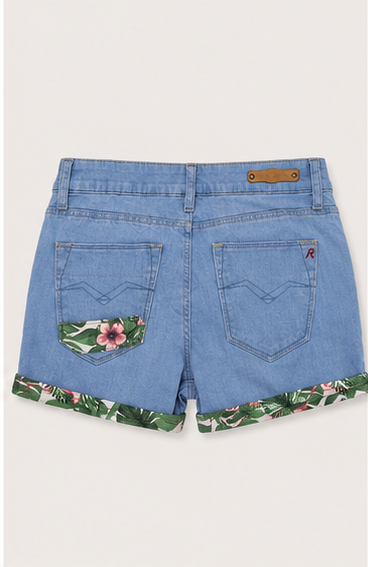Short de Mezclilla Azul Claro de Tiro Alto con Dobladillo Estampado Floral