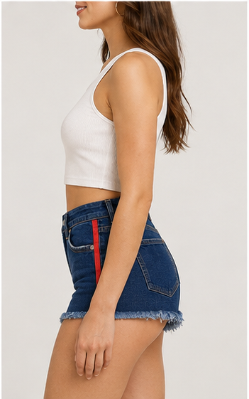 Short Denim con Franjas Laterales Rojas
