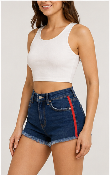 Short Denim con Franjas Laterales Rojas