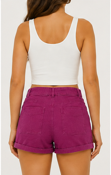 Short de Mezclilla Fucsia de Tiro Alto con Bolsillos Frontales