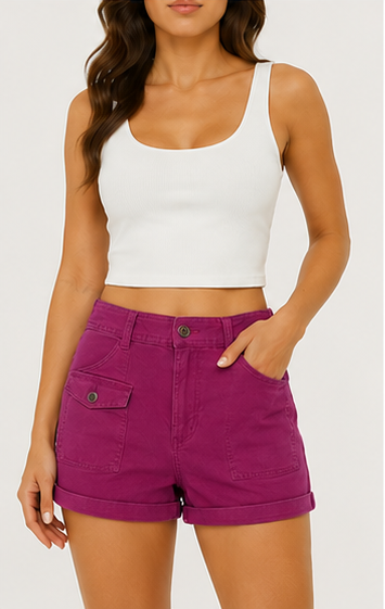 Short de Mezclilla Fucsia de Tiro Alto con Bolsillos Frontales
