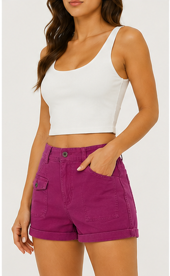 Short de Mezclilla Fucsia de Tiro Alto con Bolsillos Frontales