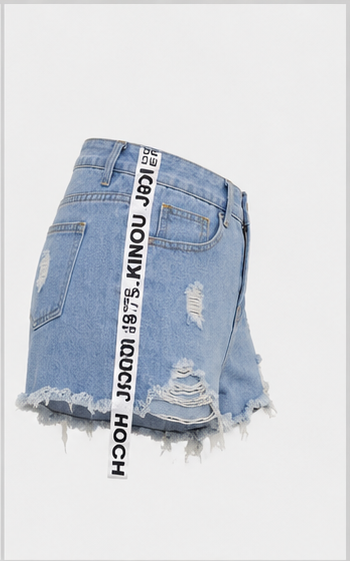 Short de Mezclilla Azul Claro de Tiro Alto con Desgastes y Cintas Laterales