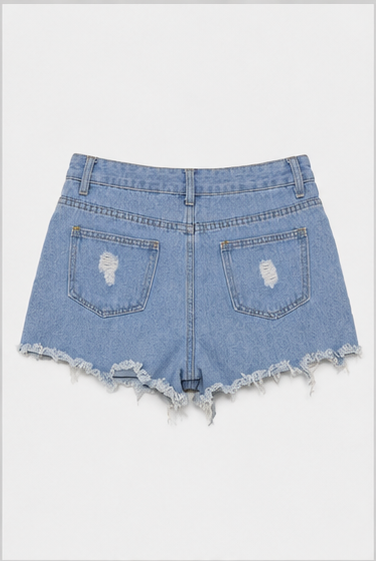 Short de Mezclilla Azul Claro de Tiro Alto con Desgastes y Cintas Laterales