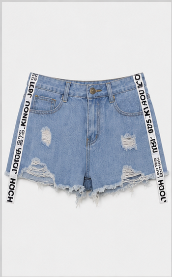 Short de Mezclilla Azul Claro de Tiro Alto con Desgastes y Cintas Laterales