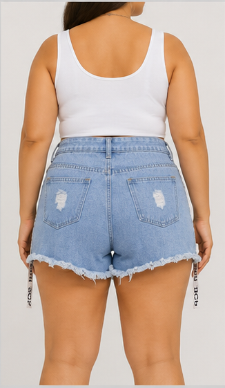 Short de Mezclilla Azul Claro de Tiro Alto con Desgastes y Cintas Laterales