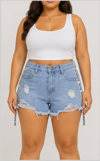 Short de Mezclilla Azul Claro de Tiro Alto con Desgastes y Cintas Laterales