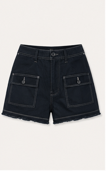 Short de Mezclilla Negro de Tiro Alto con Bolsillos Frontales y Costuras en Contraste