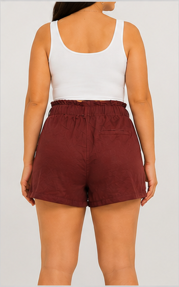 Short de Tiro Alto Color Vino con Cintura Elástica y Lazo Ajustable