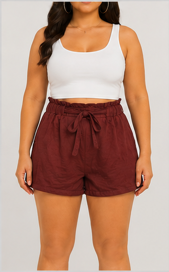 Short de Tiro Alto Color Vino con Cintura Elástica y Lazo Ajustable