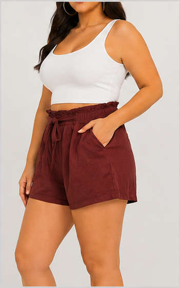 Short de Tiro Alto Color Vino con Cintura Elástica y Lazo Ajustable