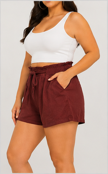 Short de Tiro Alto Color Vino con Cintura Elástica y Lazo Ajustable