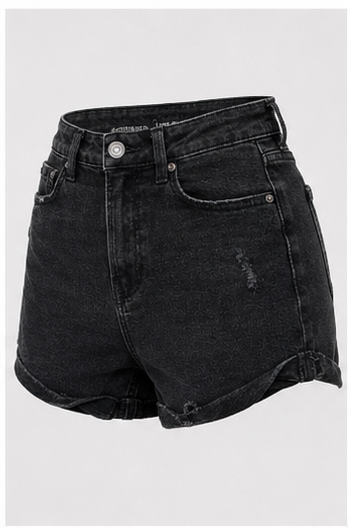 Short de Mezclilla Negro de Tiro Alto con Dobladillo Doblado