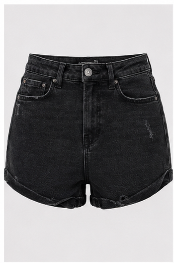 Short de Mezclilla Negro de Tiro Alto con Dobladillo Doblado