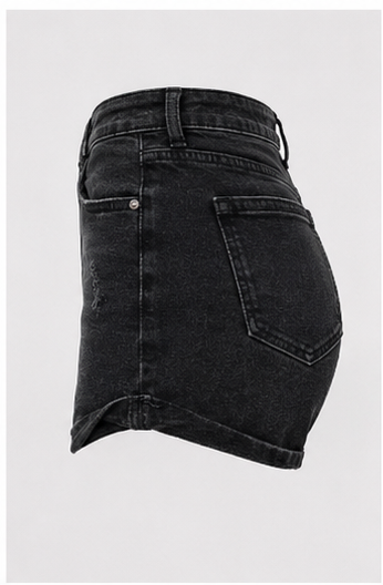 Short de Mezclilla Negro de Tiro Alto con Dobladillo Doblado