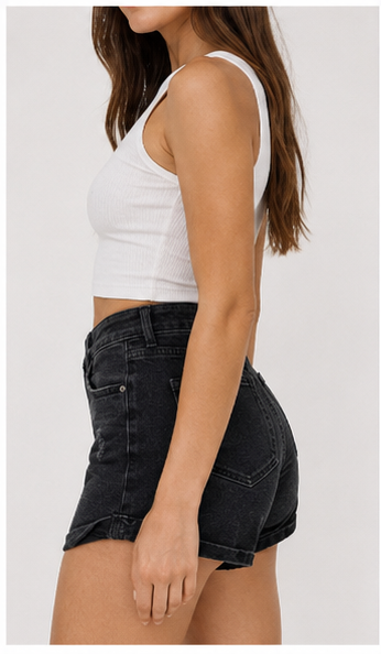 Short de Mezclilla Negro de Tiro Alto con Dobladillo Doblado