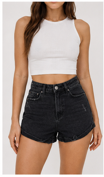Short de Mezclilla Negro de Tiro Alto con Dobladillo Doblado