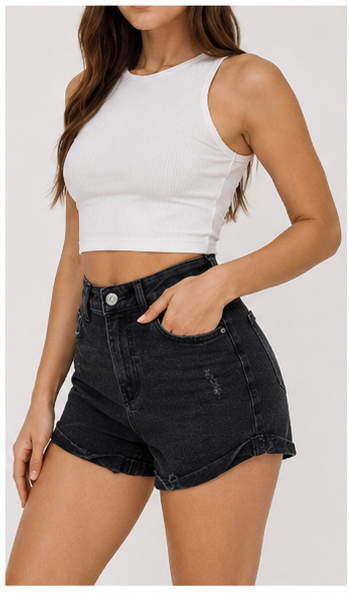 Short de Mezclilla Negro de Tiro Alto con Dobladillo Doblado